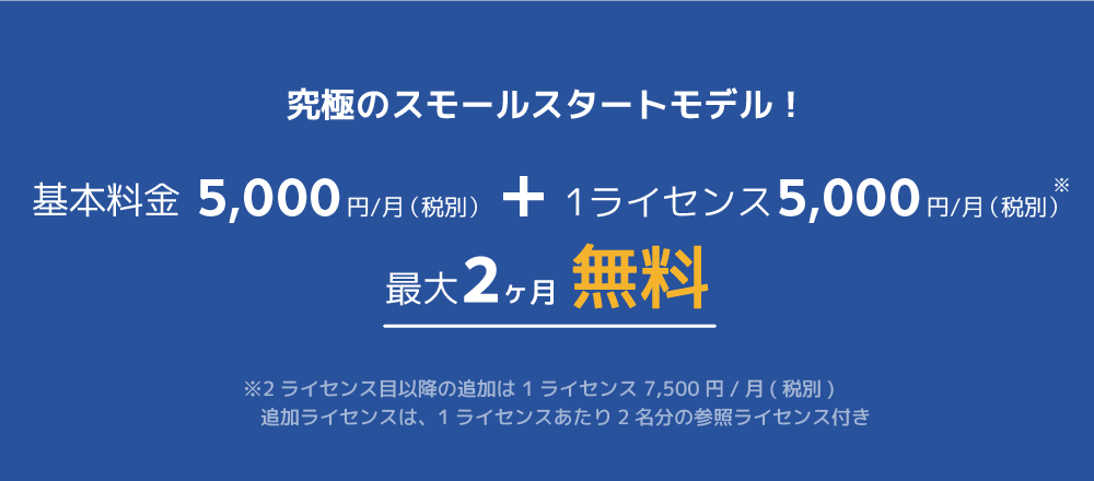 究極のスモールスタートモデル！1ライセンス 5,000円/月(税別)、基本料金 5,000円/月(税別)、最大2ヶ月 無料　※2ライセンス目以降の追加は 1ライセンス 7,500円/月(税別) 追加ライセンスは、1ライセンスあたり2名分の参照ライセンス付き